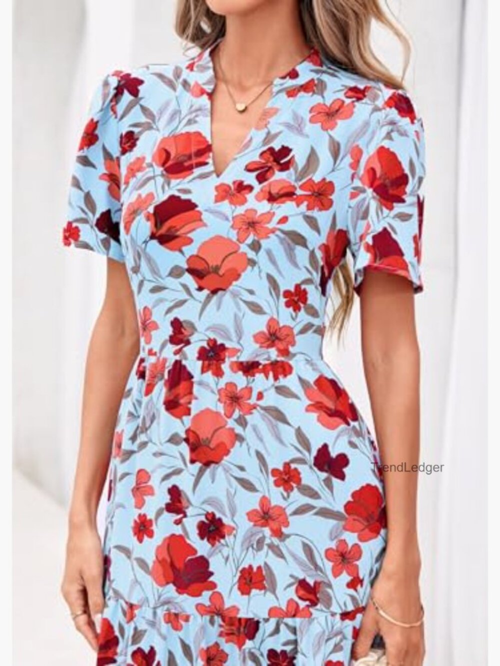 Floral Maxi Dress V Neck Short Sleeve A Line Flowy Boho Long Dress with Pockets - Picture 4 of 7
